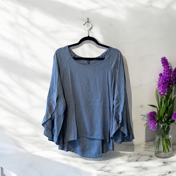 Moa Moa Blue Chambray Top with Ruffled Sleeves - Picture 5 of 12